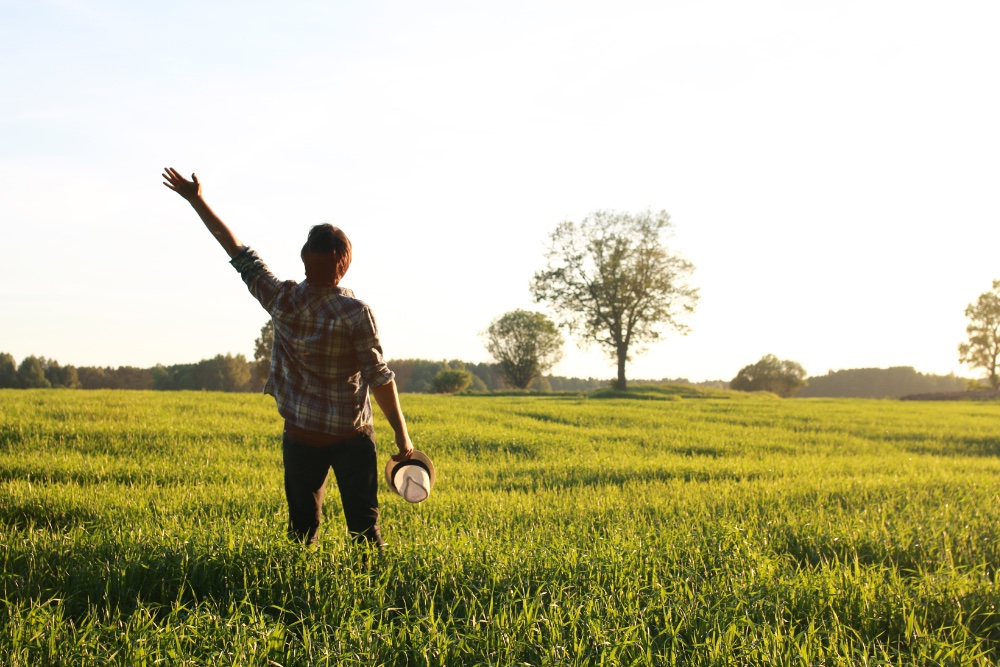 Man in field with arms outstretched to sky